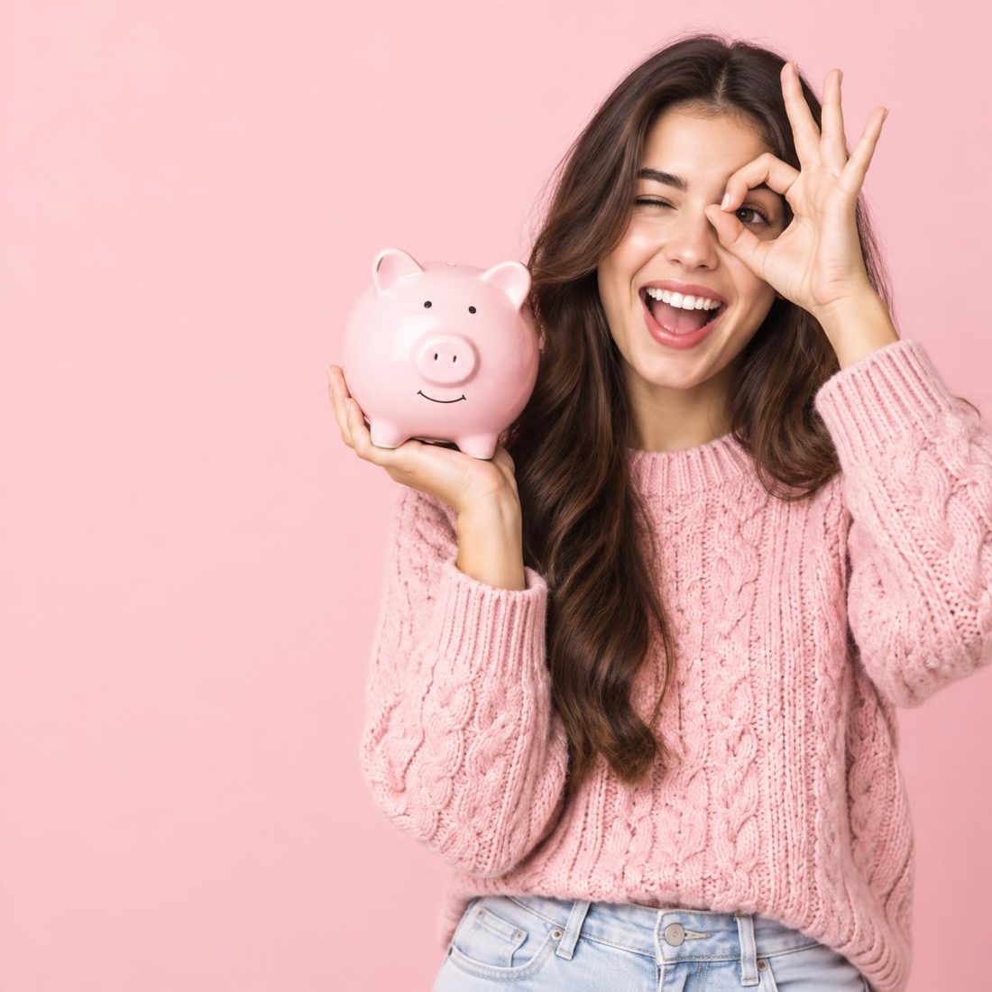 Lächelnde Frau mit rosa Sparschwein